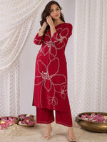 Thumbnail for Indo Era Floral Embroidered Beads And Stones Straight Kurta With Palazzos