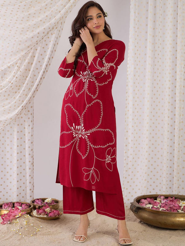 Indo Era Floral Embroidered Beads And Stones Straight Kurta With Palazzos