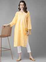 Thumbnail for ADA Women Yellow & White Cotton Sustainable Hand Embroidered Chikankari Kurta & Trousers - Distacart