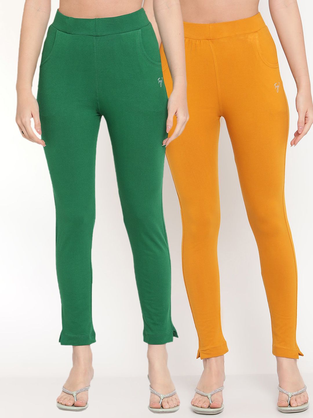 TAG 7 Pack of 2 Green & Mustard Yellow Ankle-Length Leggings - Distacart