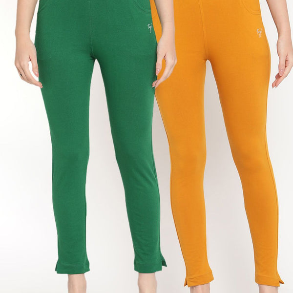 TAG 7 Pack of 2 Green & Mustard Yellow Ankle-Length Leggings - Distacart