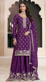 Thumbnail for Anaita Purple Chinon Embroidered Thread Work Stitched Salwar Suit - Distacart