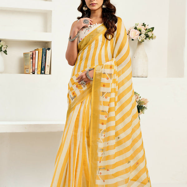 Vastranavya Yellow White Digital Printed Linen Ready To Wear Designer Saree with Unstitched Blouse - Distacart