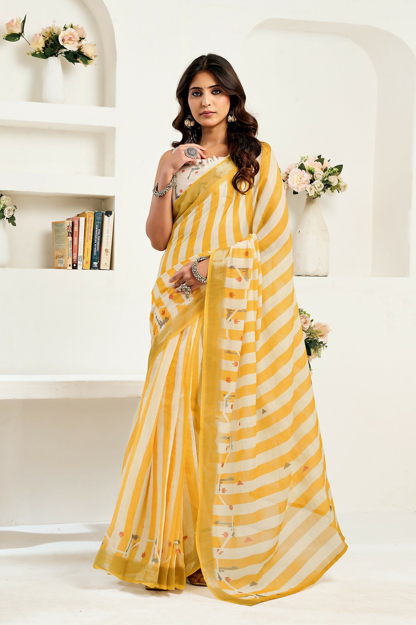 Vastranavya Yellow White Digital Printed Linen Ready To Wear Designer Saree with Unstitched Blouse - Distacart