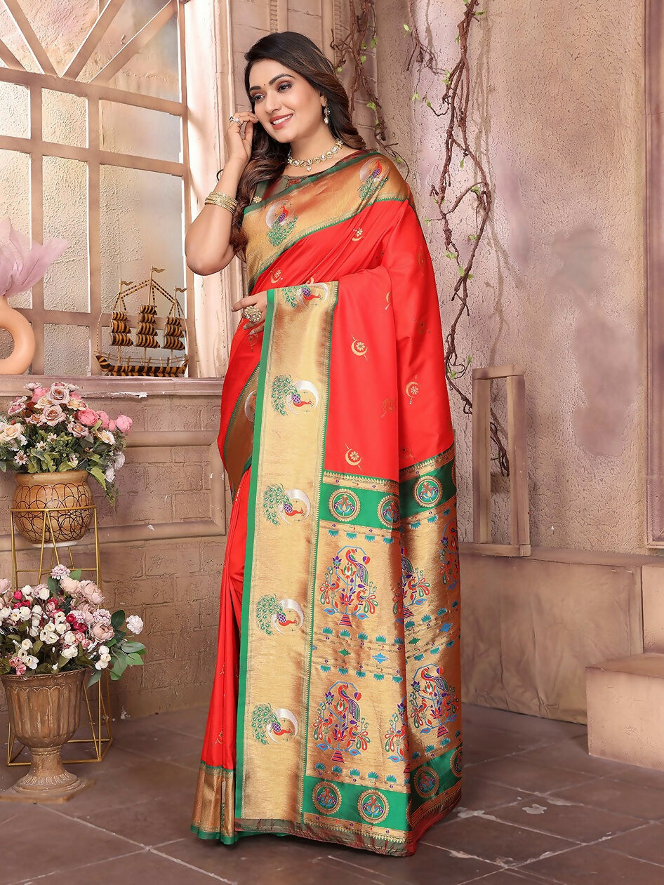 Joban Fashion Paithani Red Woven Soft Silk Saree