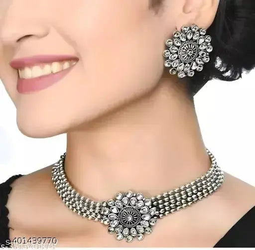 Tehzeeb Creations Women's Silver Plated Necklace Set With Stone - Distacart
