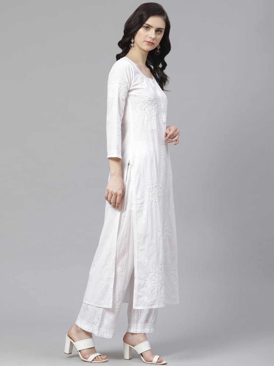 ADA Women White Chikankari Embroidered Sustainable Kurta with Palazzos - Distacart