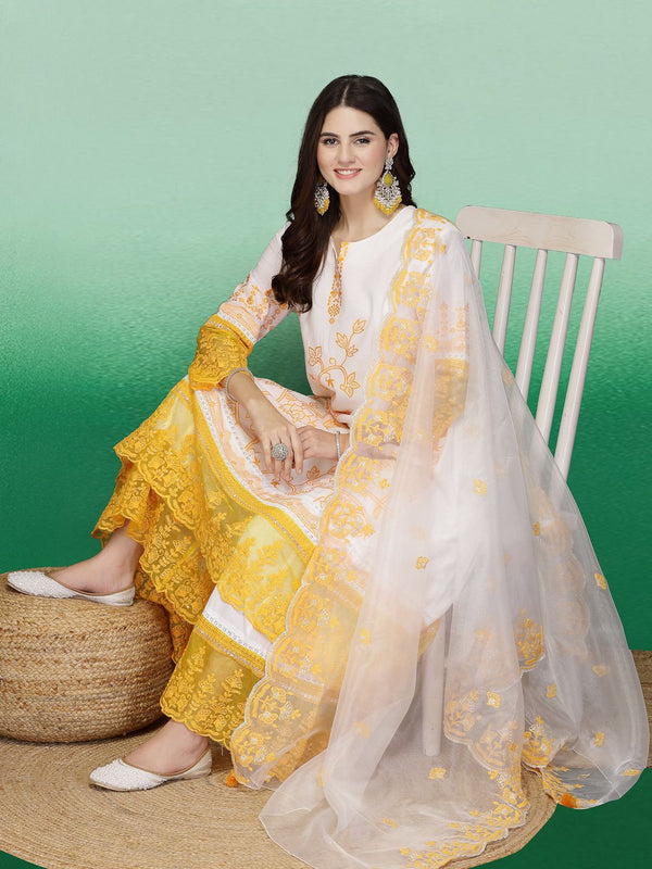 Sangria Floral Embroidered Pure Cotton Straight Kurta With Sharara & Dupatta