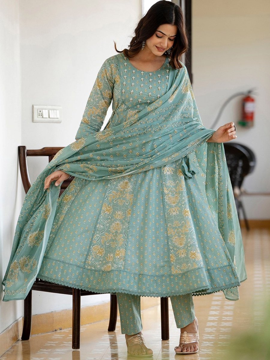 Anouk Green Floral Printed Panelled Pure Cotton Anarkali Kurta With Trousers & Dupatta - Distacart
