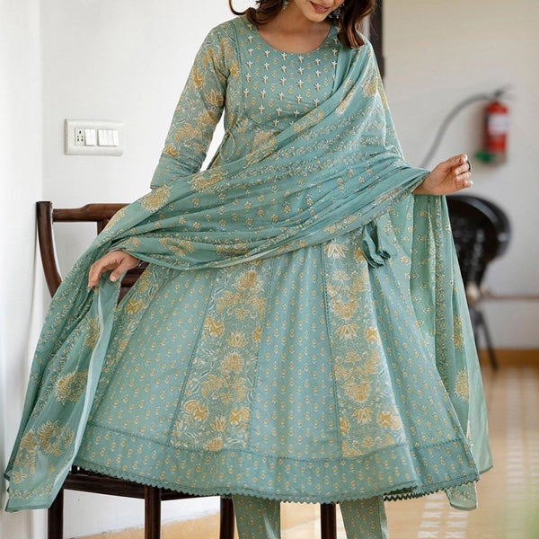 Anouk Green Floral Printed Panelled Pure Cotton Anarkali Kurta With Trousers & Dupatta - Distacart