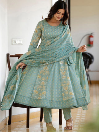 Anouk Green Floral Printed Panelled Pure Cotton Anarkali Kurta With Trousers & Dupatta - Distacart