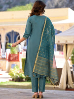 Thumbnail for Vishudh Turquoise Blue Floral Yoke Design Straight Kurta & Trousers With Dupatta