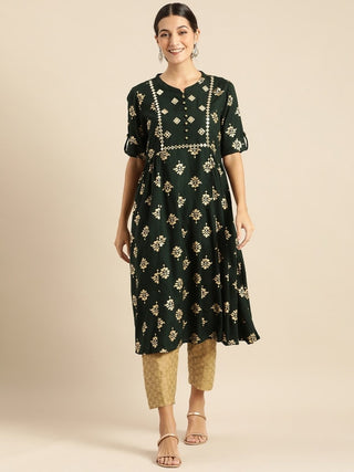 All About You Women Teal Green & Gold-Toned Ethnic Motifs Printed Mirror Work Kurta - Distacart
