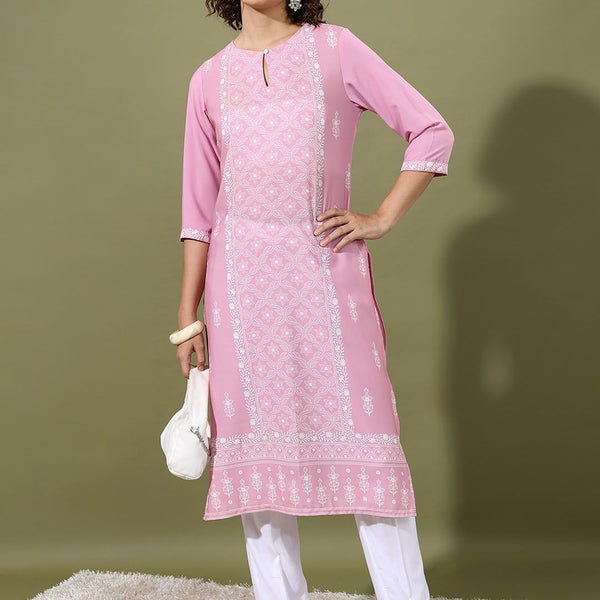 Vishudh Pink Floral Printed Keyhole Neck Straight Kurta - Distacart