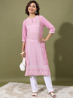Thumbnail for Vishudh Pink Floral Printed Keyhole Neck Straight Kurta