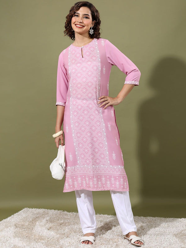 Vishudh Pink Floral Printed Keyhole Neck Straight Kurta