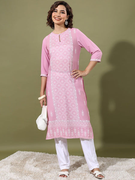Vishudh Pink Floral Printed Keyhole Neck Straight Kurta