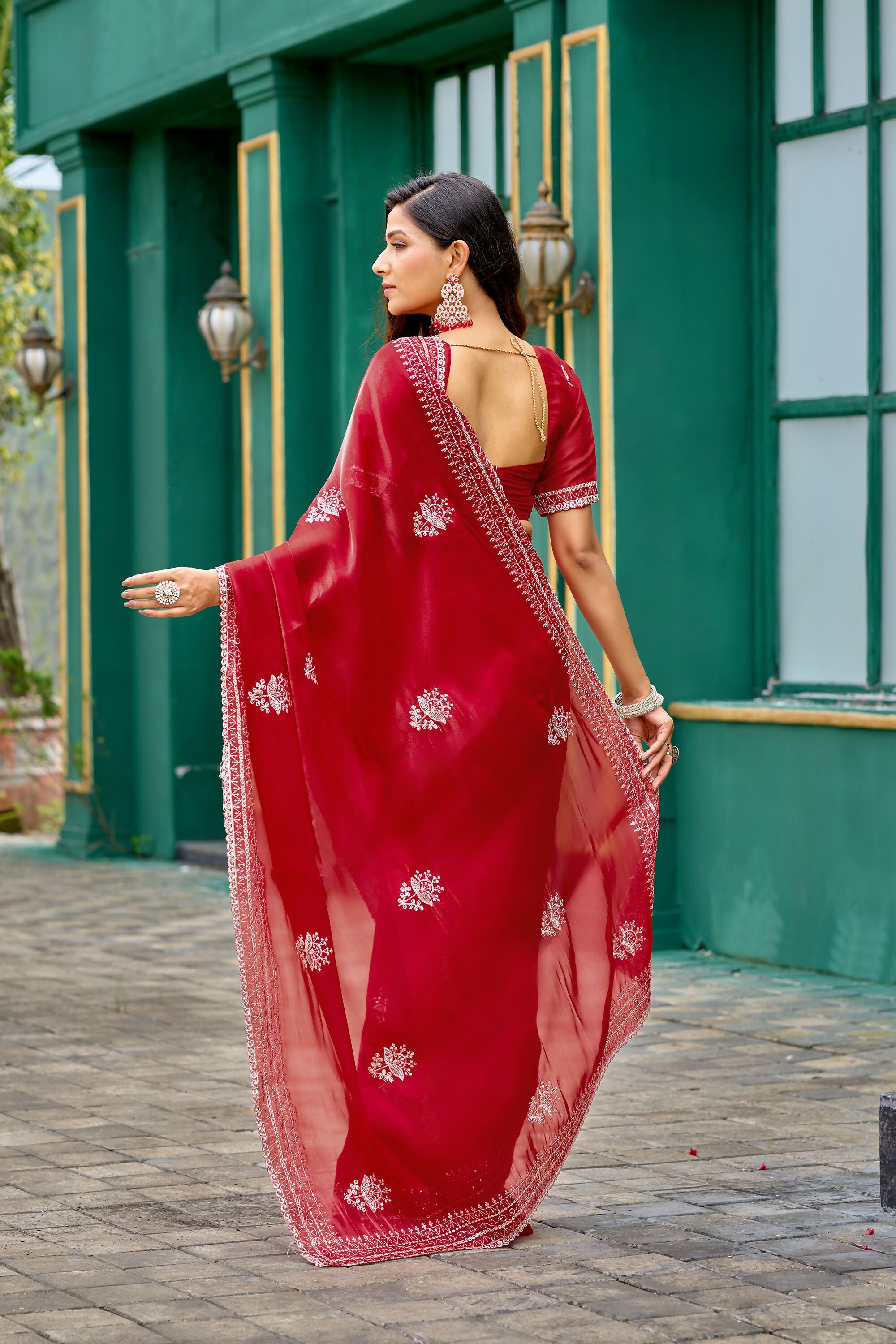 Vastranavya Red Embroidery Work Shimmer Chiffon Saree with Unstitched Blouse