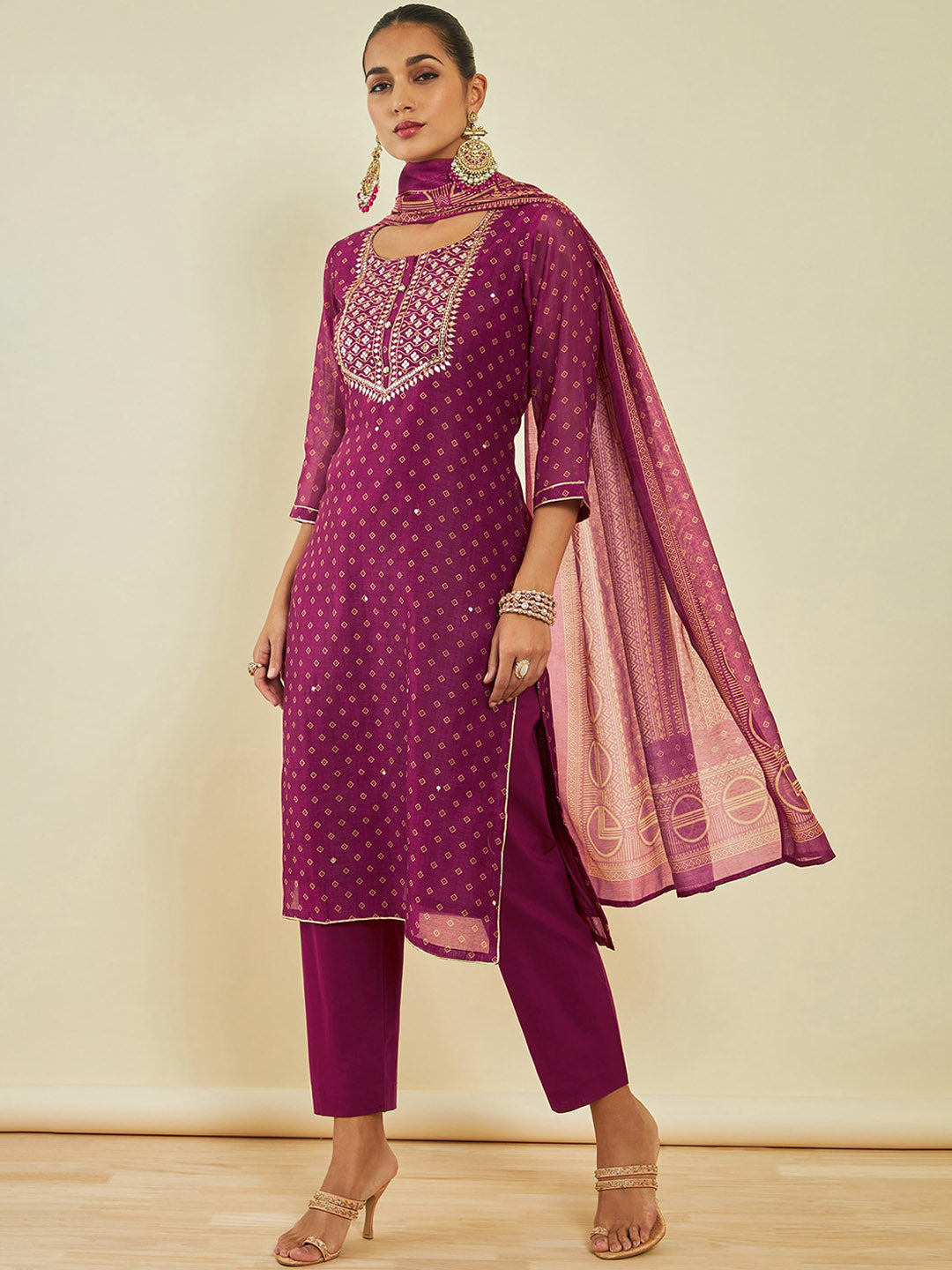 Soch Geometric Printed Thread Work Kurta & Trousers With Dupatta - Distacart