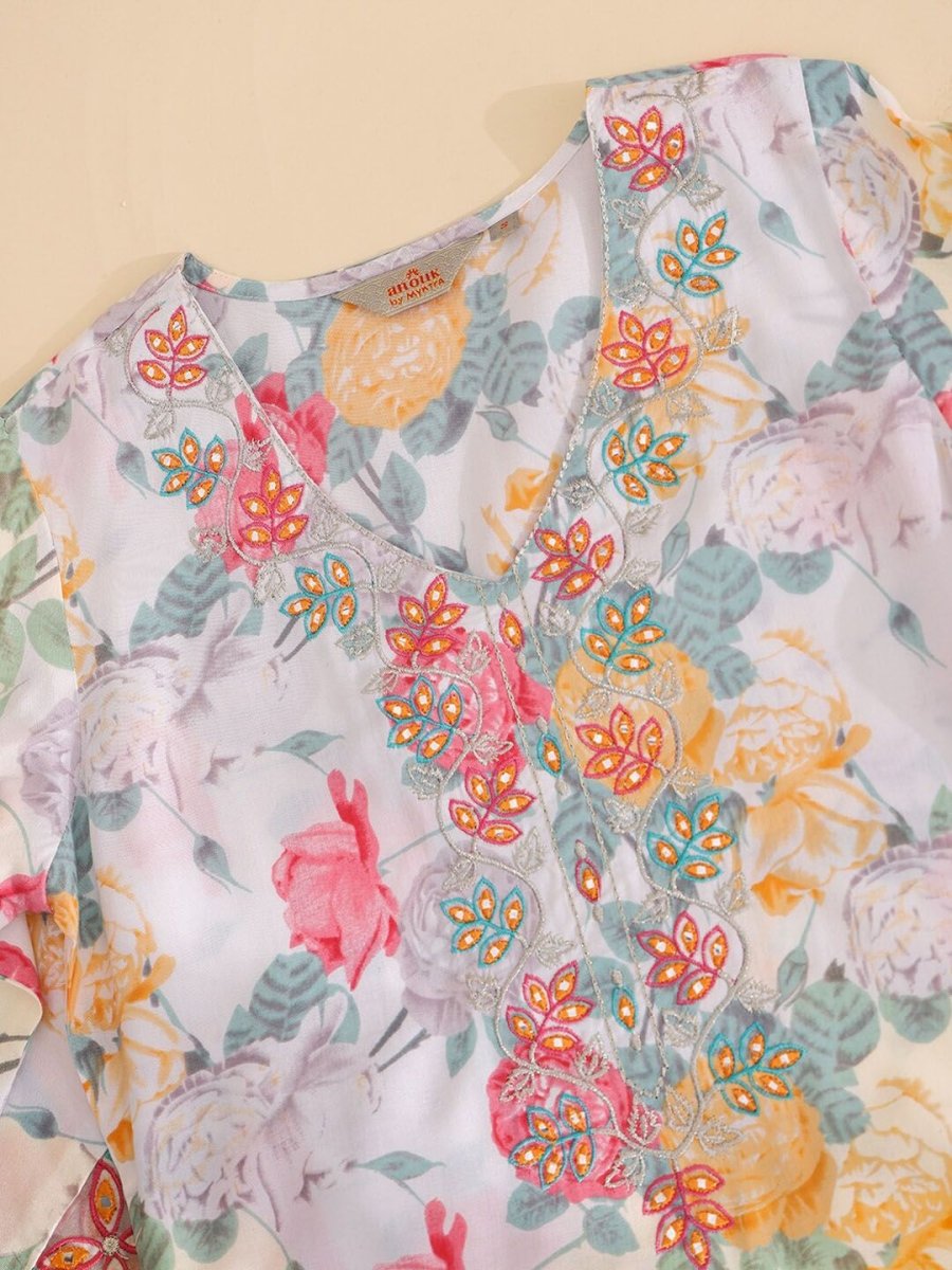 Anouk Floral Printed Thread Work V-Neck Kurta With Dhoti Pants & Dupatta - Distacart