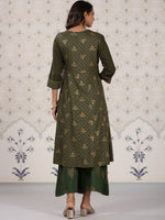 Thumbnail for Ode by House of Pataudi Olive Green & Gold Printed V Neck Angrakha Kurta With Palazzos