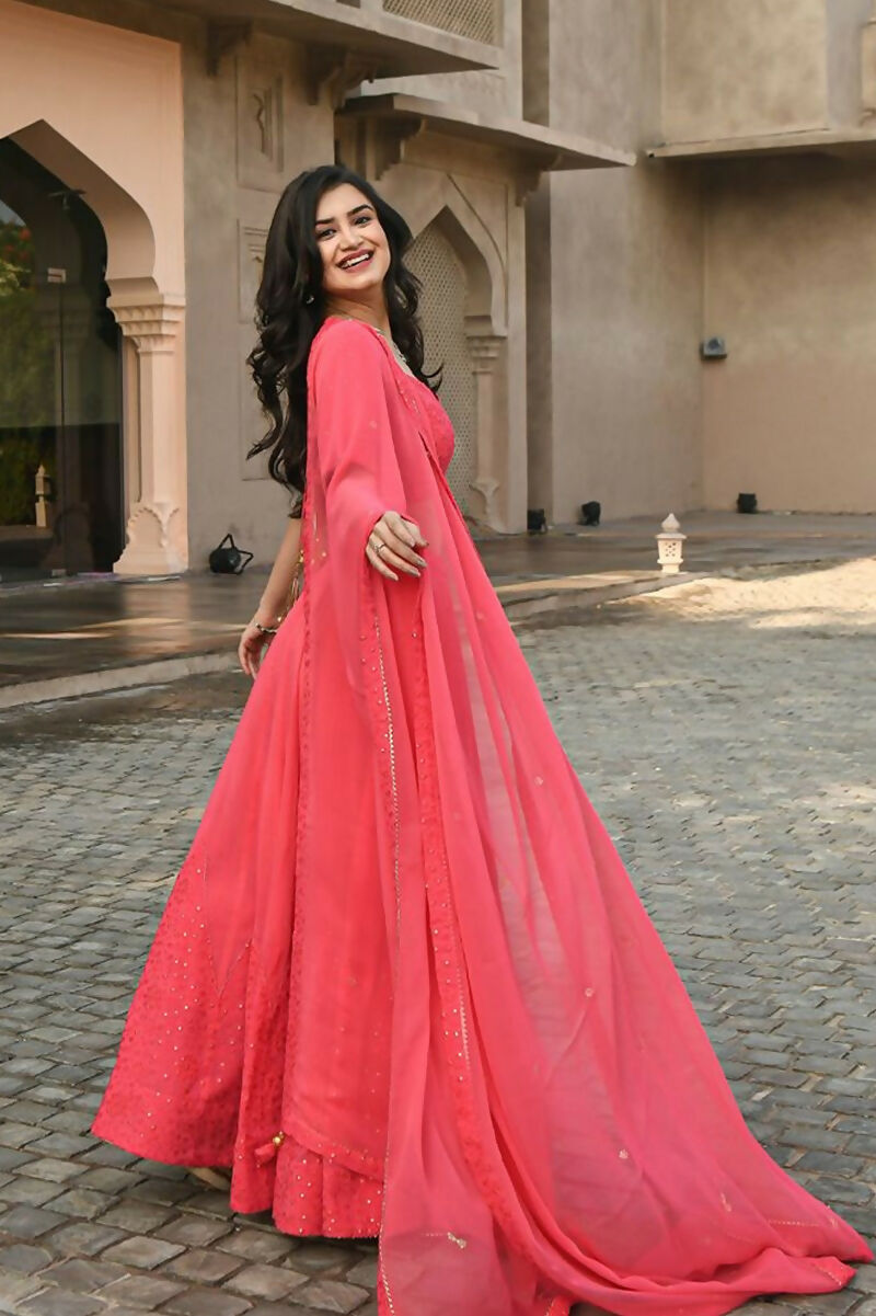 Jyoti Fashion Gajri Thread Embroidery Georgette Lehenga Choli with Dupatta - Distacart