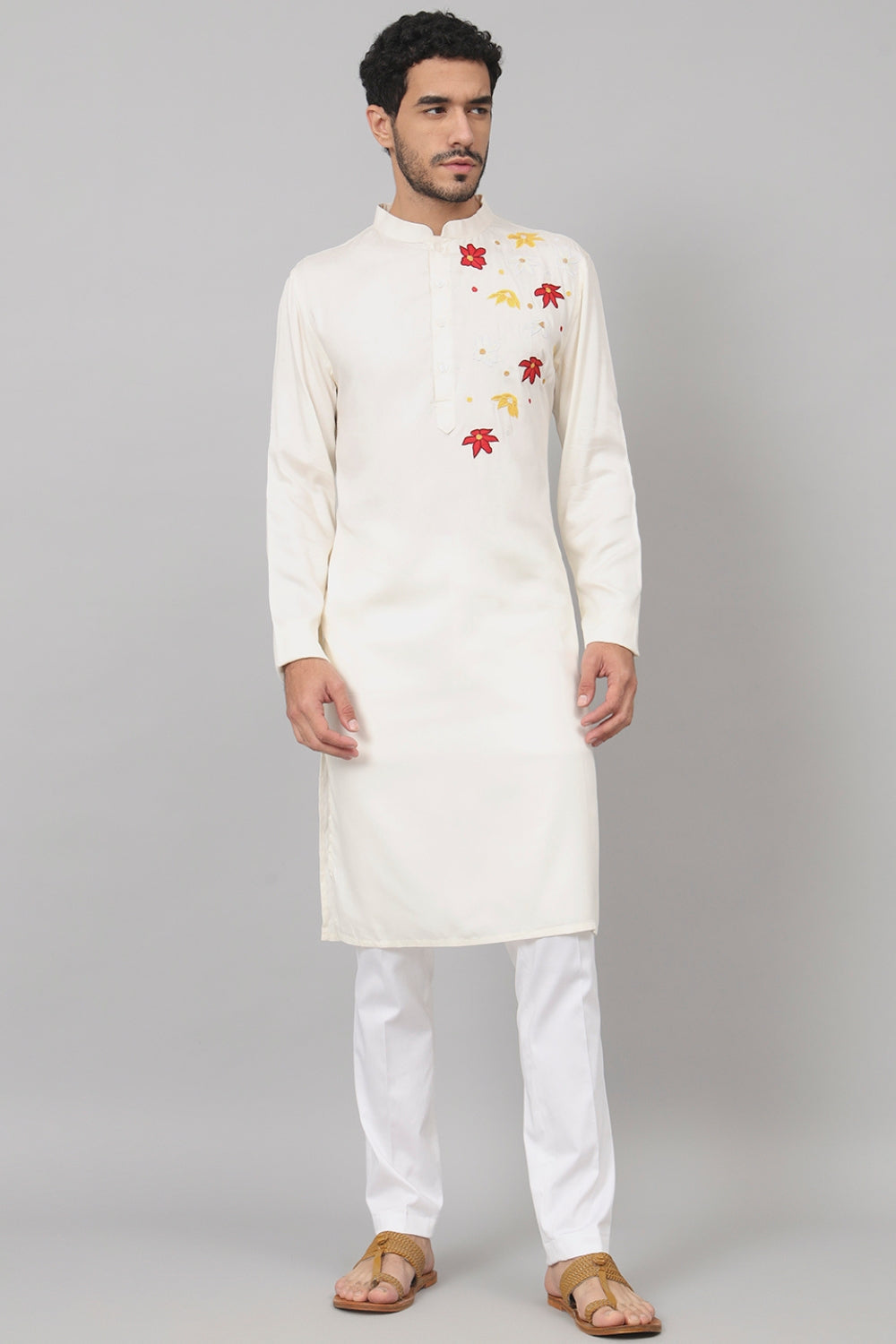 Cotton Kurta With Floral Embroidery Patch Embellishment by Hilo Design - Distacart