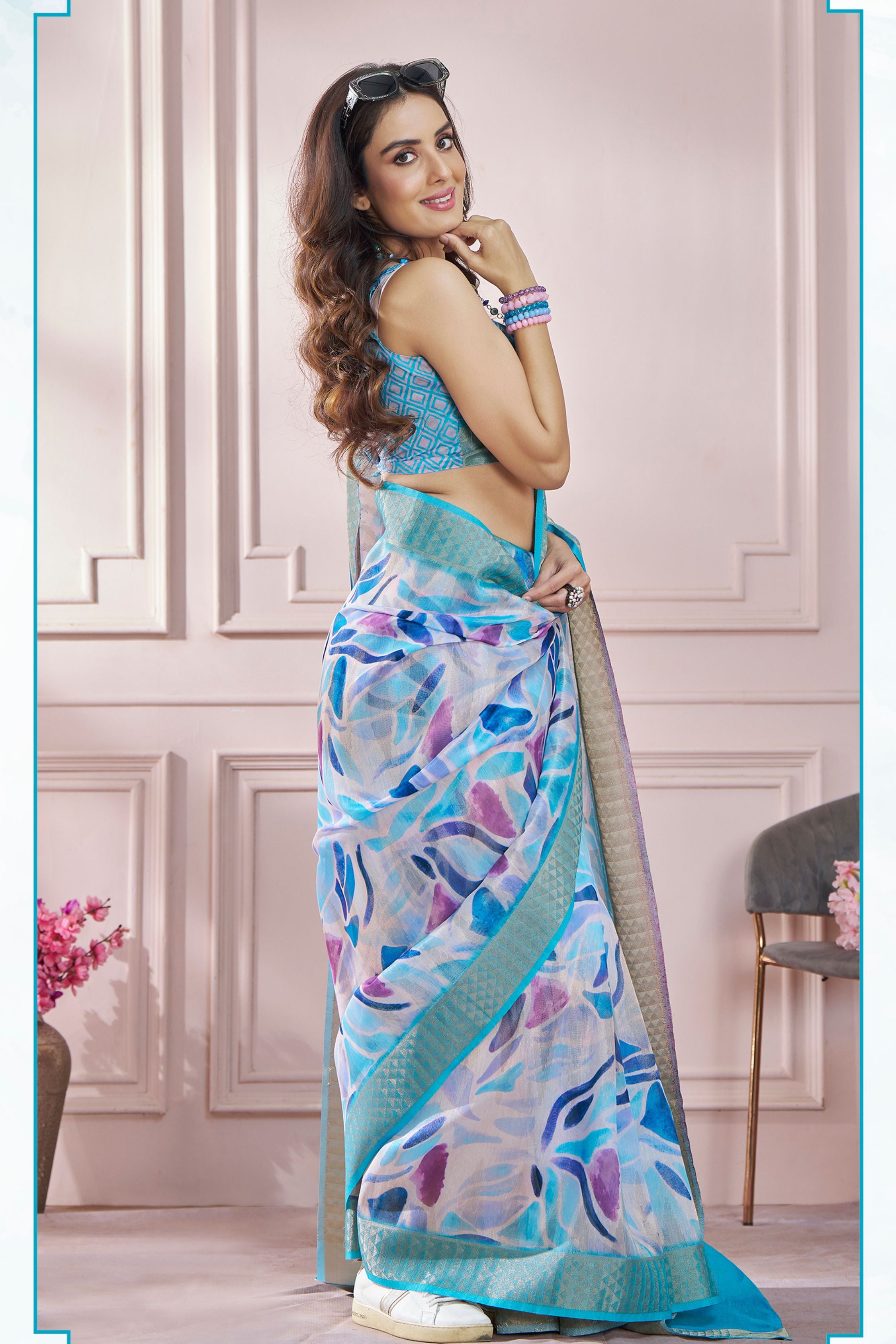 Anaita Sky Blue Printed Pure Modal Silk Saree With Blouse - Distacart