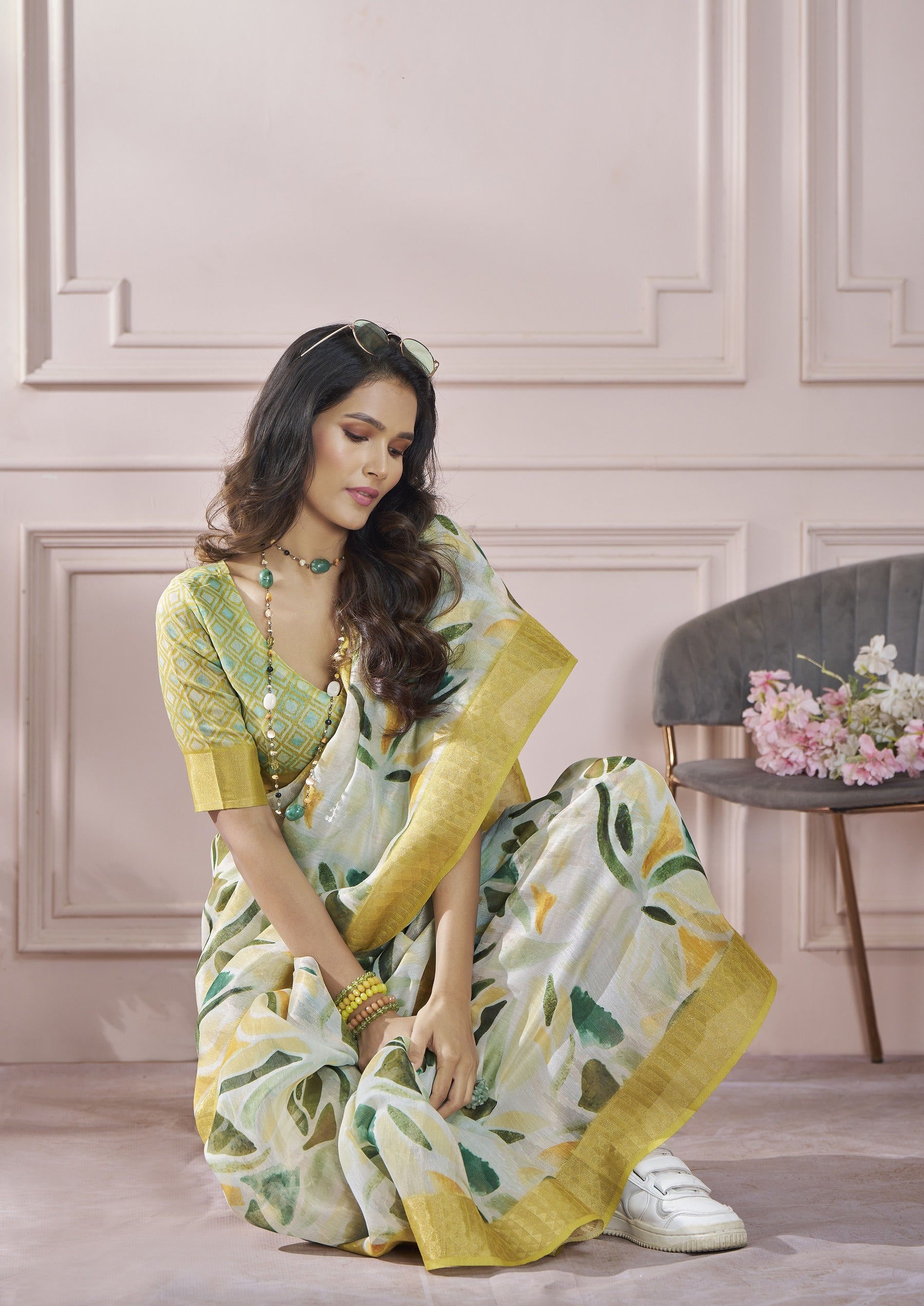 Anaita Cream Printed Pure Modal Silk Saree With Blouse - Distacart