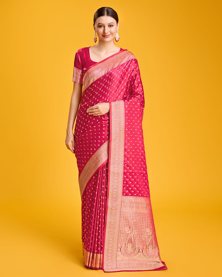 Monjolika Fashion Hot Pink Color Banarasi Satin Rich Brocade Embellishments Zari Woven Work Silk Saree - Distacart