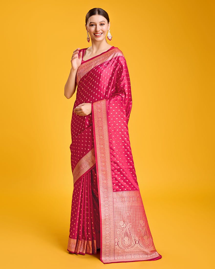 Monjolika Fashion Hot Pink Color Banarasi Satin Rich Brocade Embellishments Zari Woven Work Silk Saree - Distacart