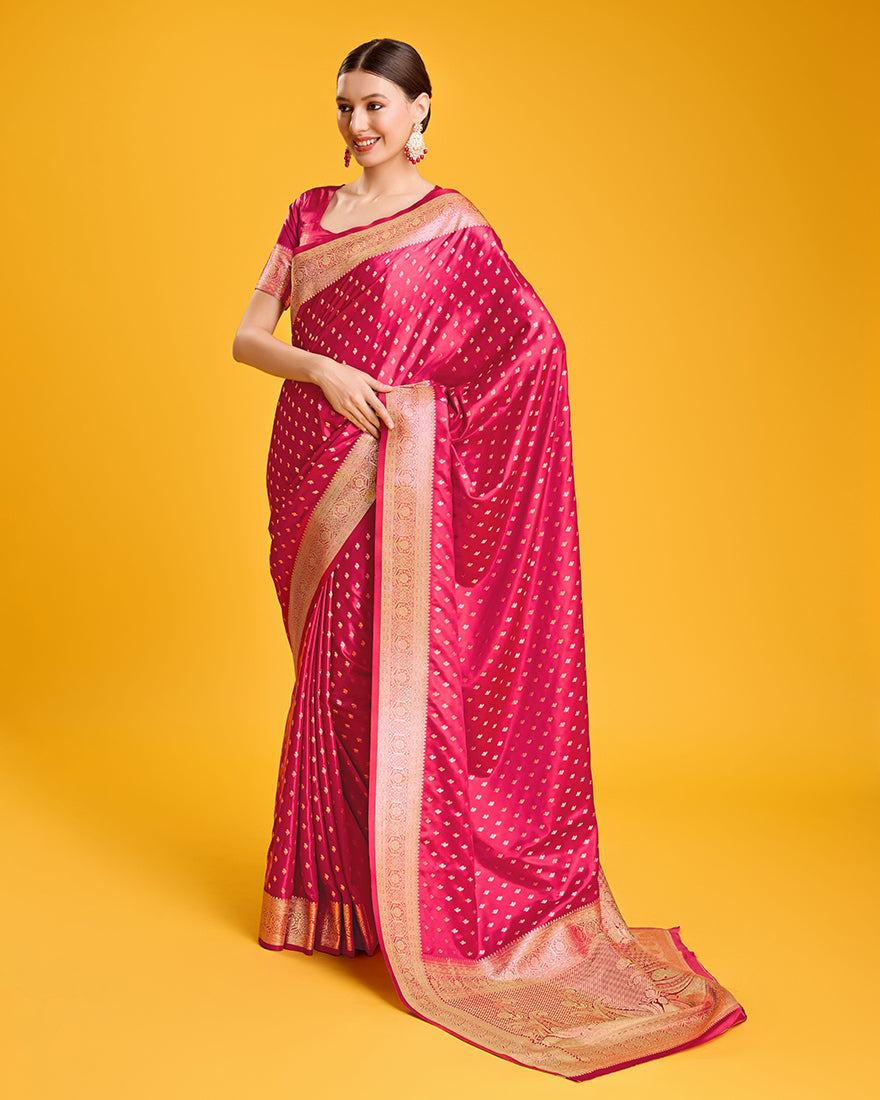 Monjolika Fashion Hot Pink Color Banarasi Satin Rich Brocade Embellishments Zari Woven Work Silk Saree - Distacart