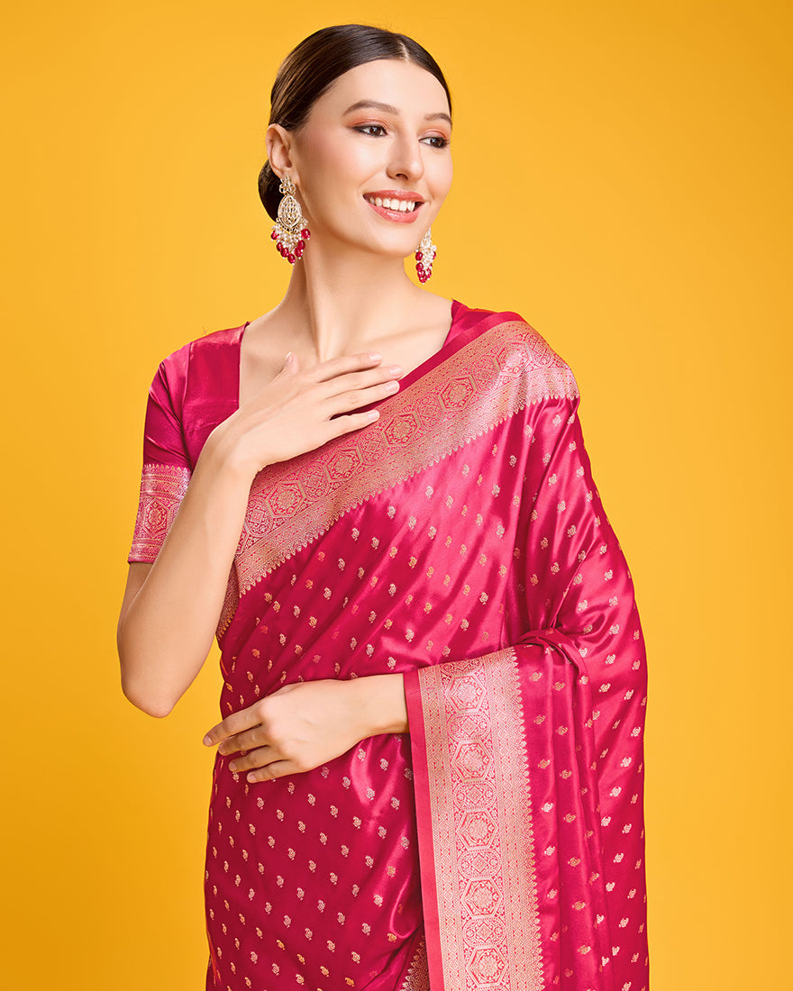 Monjolika Fashion Hot Pink Color Banarasi Satin Rich Brocade Embellishments Zari Woven Work Silk Saree - Distacart