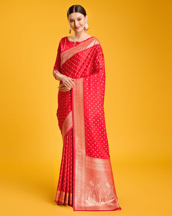 Monjolika Fashion Red Color Banarasi Satin Rich Brocade Embellishments Zari Woven Work Silk Saree - Distacart