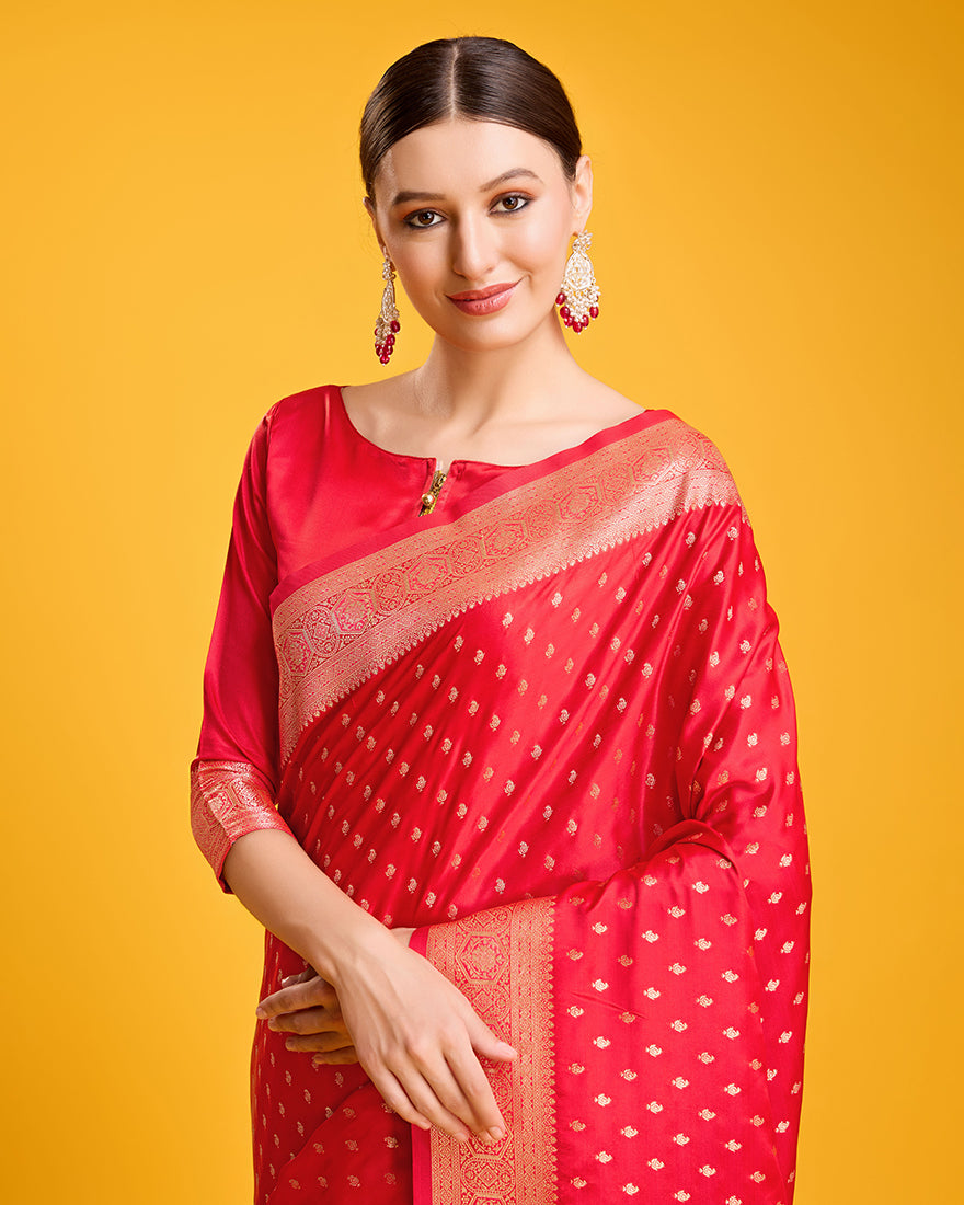 Monjolika Fashion Red Color Banarasi Satin Rich Brocade Embellishments Zari Woven Work Silk Saree - Distacart