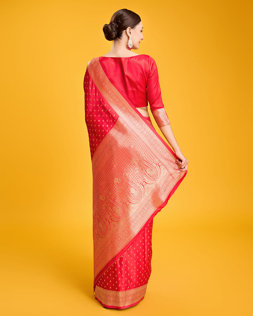 Monjolika Fashion Red Color Banarasi Satin Rich Brocade Embellishments Zari Woven Work Silk Saree - Distacart