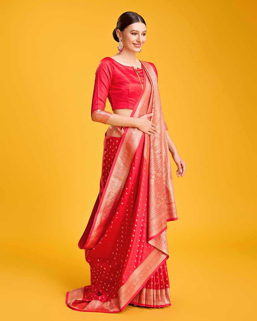 Monjolika Fashion Red Color Banarasi Satin Rich Brocade Embellishments Zari Woven Work Silk Saree - Distacart