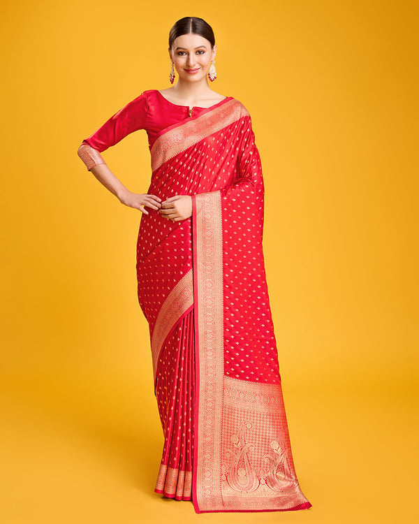 Monjolika Fashion Red Color Banarasi Satin Rich Brocade Embellishments Zari Woven Work Silk Saree - Distacart