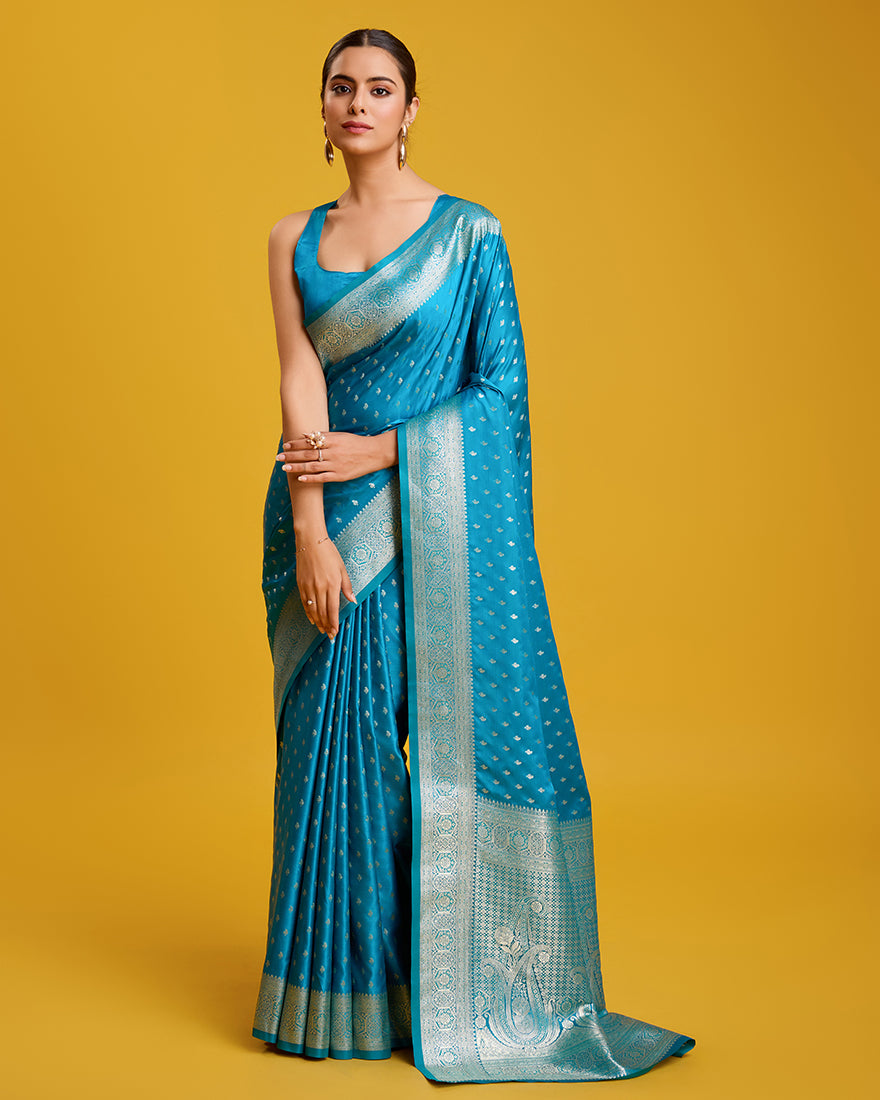 Monjolika Fashion Cyan Color Banarasi Zari Woven Work Enhanced Elegance Silk Saree - Distacart