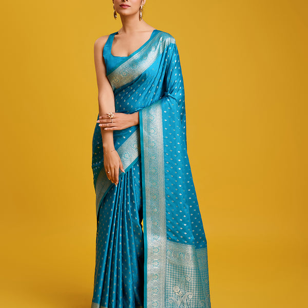 Monjolika Fashion Cyan Color Banarasi Zari Woven Work Enhanced Elegance Silk Saree - Distacart