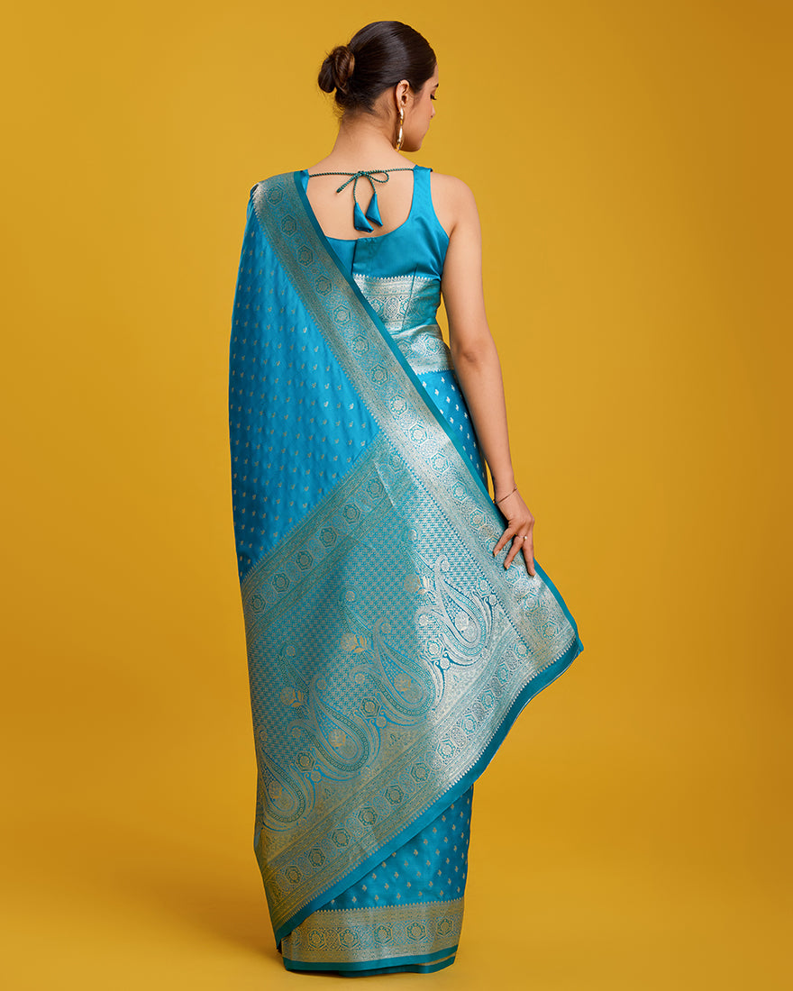 Monjolika Fashion Cyan Color Banarasi Zari Woven Work Enhanced Elegance Silk Saree - Distacart