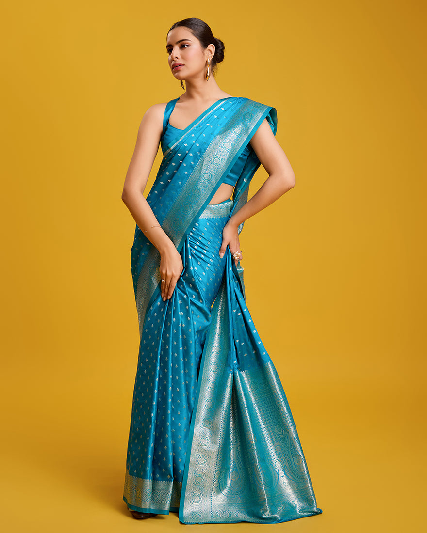 Monjolika Fashion Cyan Color Banarasi Zari Woven Work Enhanced Elegance Silk Saree - Distacart