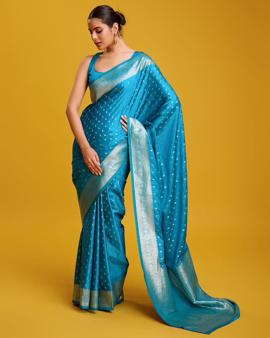 Monjolika Fashion Cyan Color Banarasi Zari Woven Work Enhanced Elegance Silk Saree - Distacart