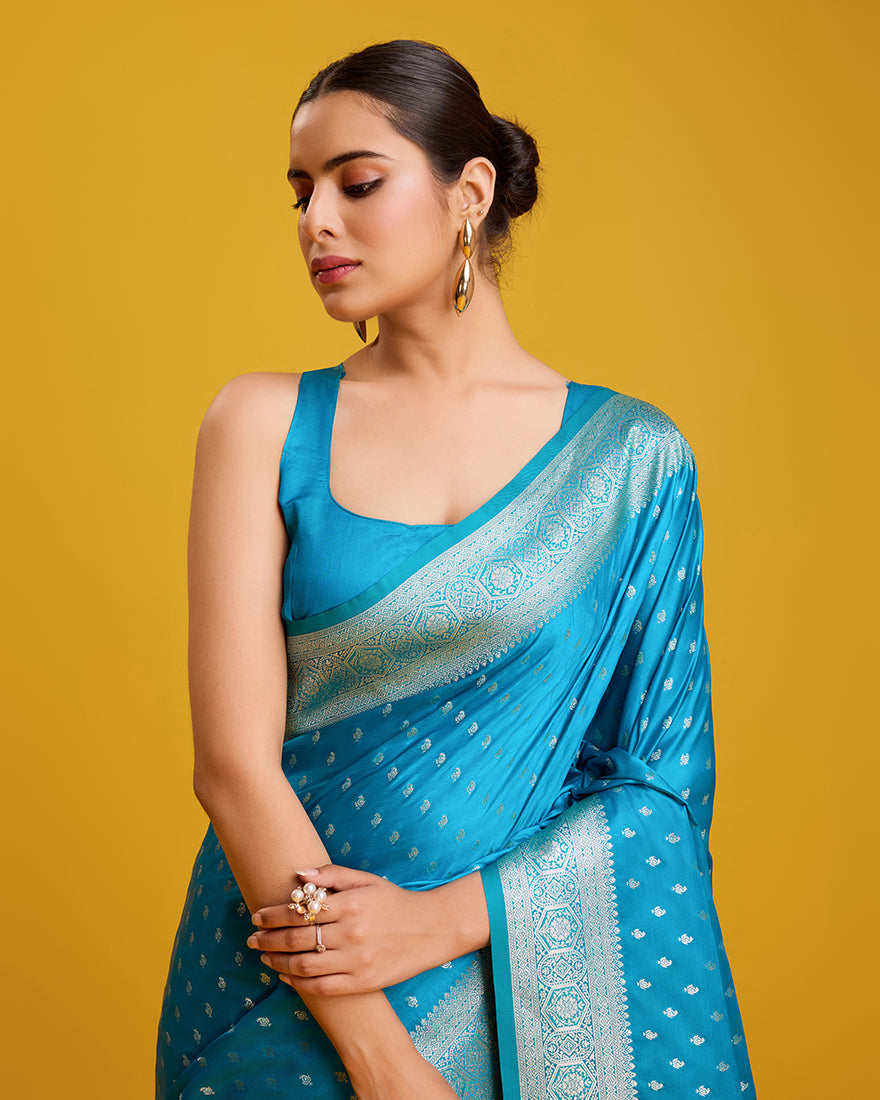 Monjolika Fashion Cyan Color Banarasi Zari Woven Work Enhanced Elegance Silk Saree - Distacart