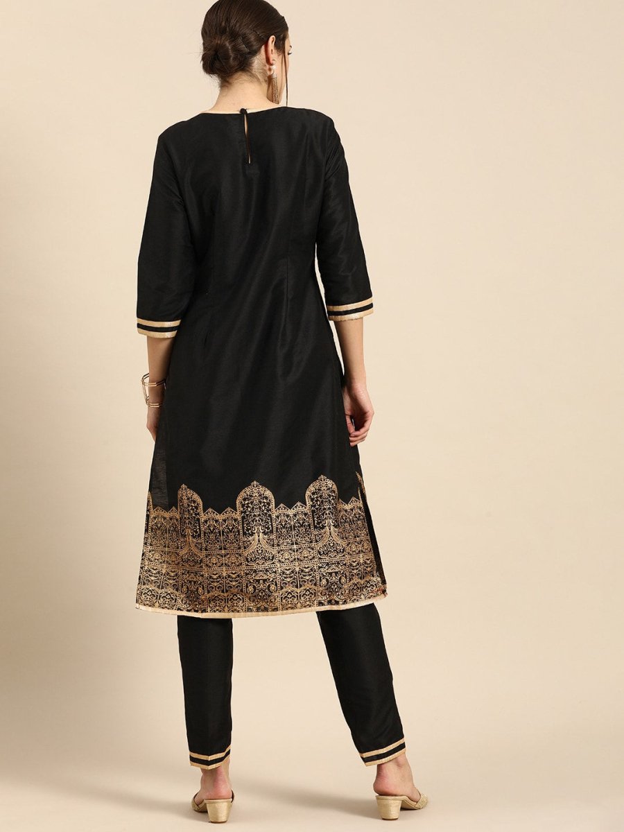 All About You Women Black & Gold Printed Regular Kurta with Trousers - Distacart