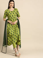 Thumbnail for All About You Women Women Green Ethnic Motifs Printed Kurta with Trousers & With Dupatta - Distacart