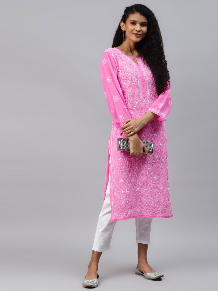 ADA Women Pink & White Ethnic Motifs Embroidered Chikankari Handloom Kurta with Trousers - Distacart