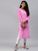 Thumbnail for ADA Women Pink & White Ethnic Motifs Embroidered Chikankari Handloom Kurta with Trousers - Distacart