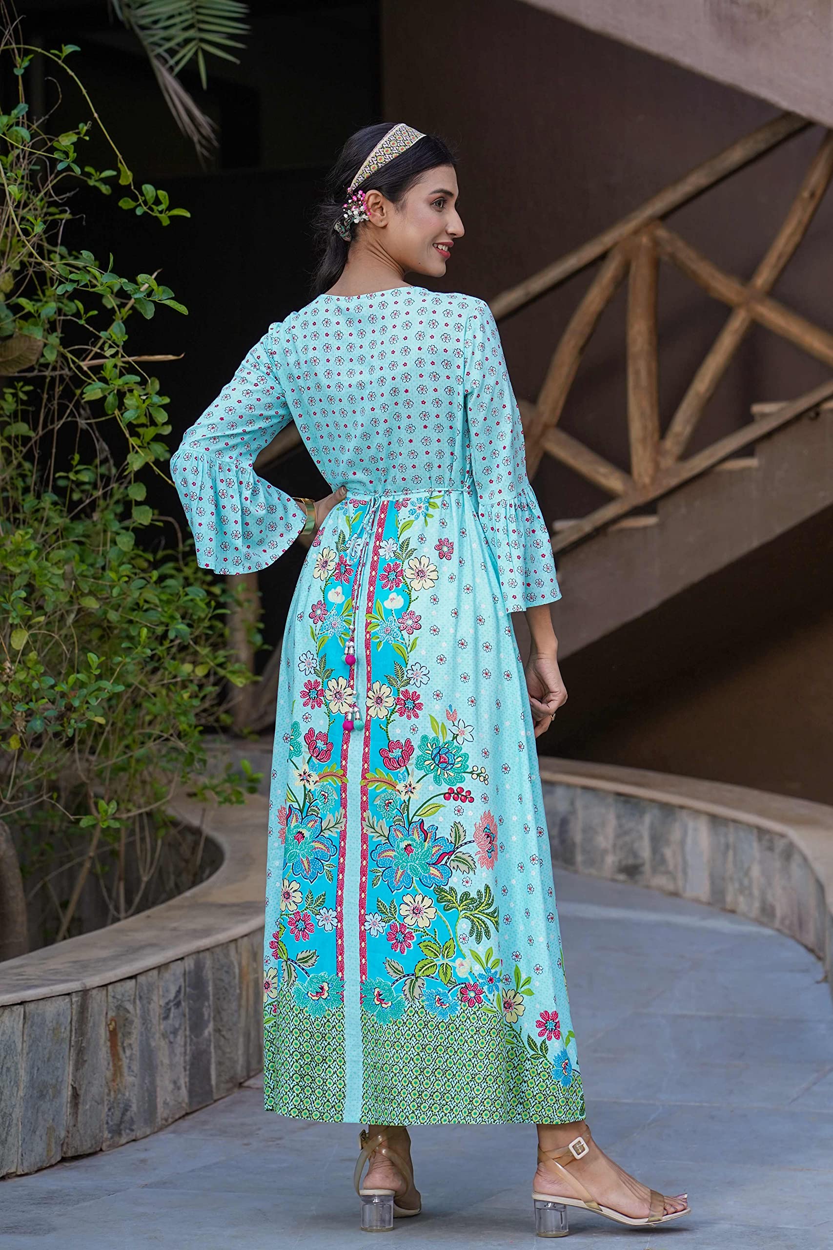 Juniper Women's Sky Blue Floral Printed Rayon Kurta With Buttons Closure At Back - Distacart