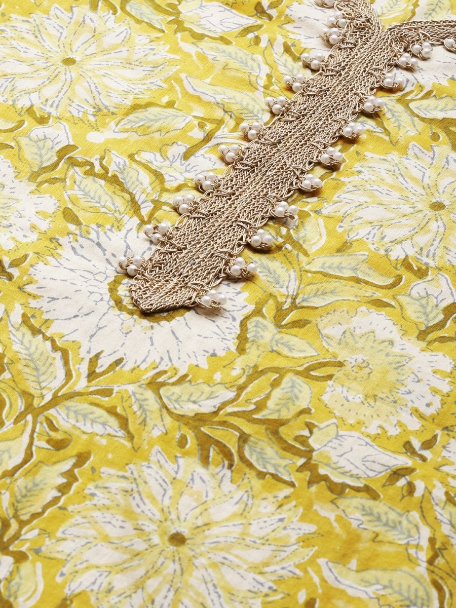 Anouk Women Yellow Floral Printed Regular Beads and Stones Pure Cotton Kurta Set - Distacart